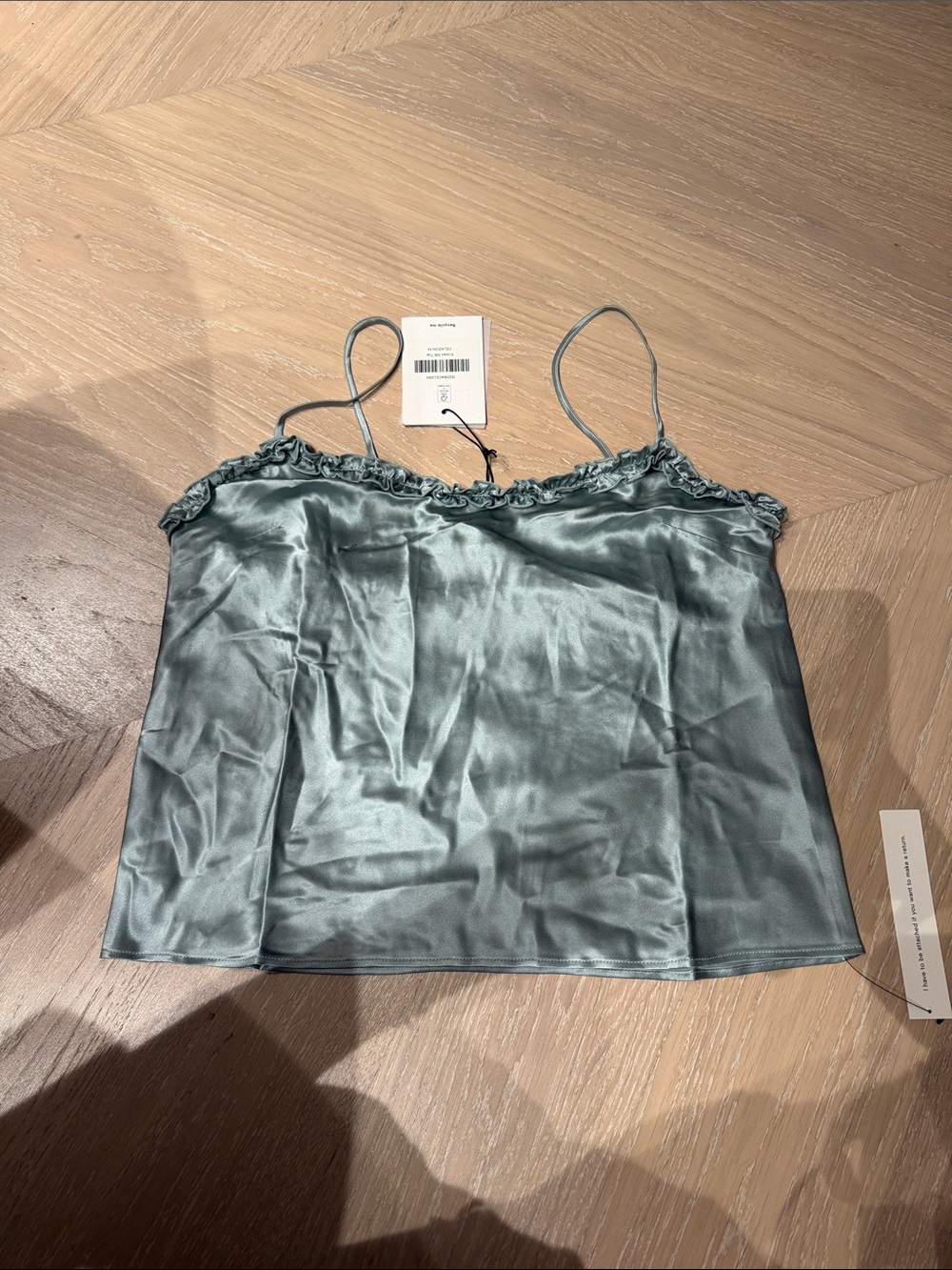 Reformation Satin Ruffle Trim Cami Tank Top - Sage Green